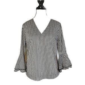 White House Black Market Black and White Gingham V-Neck Blouse